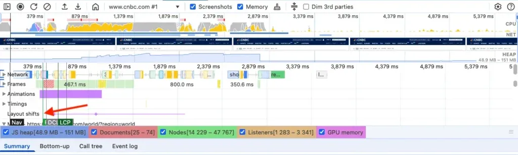Análisis de los layout shifts dentro de la línea temporal de carga de la página