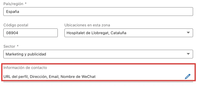 Editor de información de contacto en LinkedIn donde se coloca la URL del perfil