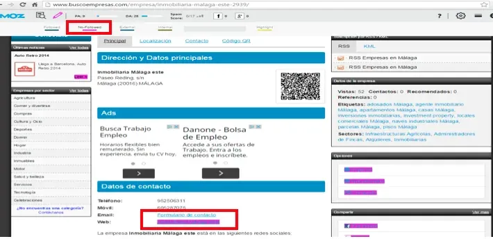 MozBar mostrando el Domain Authority y Page Authority del directorio QDQ
