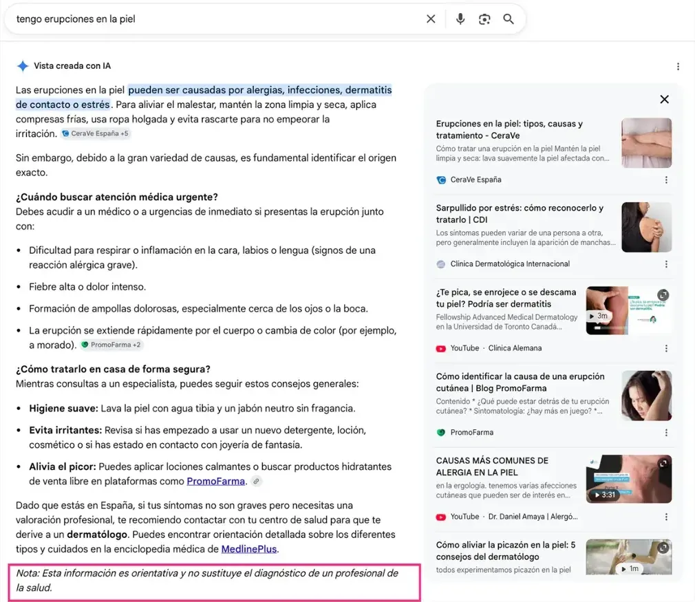AI Overview de Google para una consulta de salud sobre erupciones en la piel, con el aviso de que la información es orientativa y no sustituye el diagnóstico de un profesional