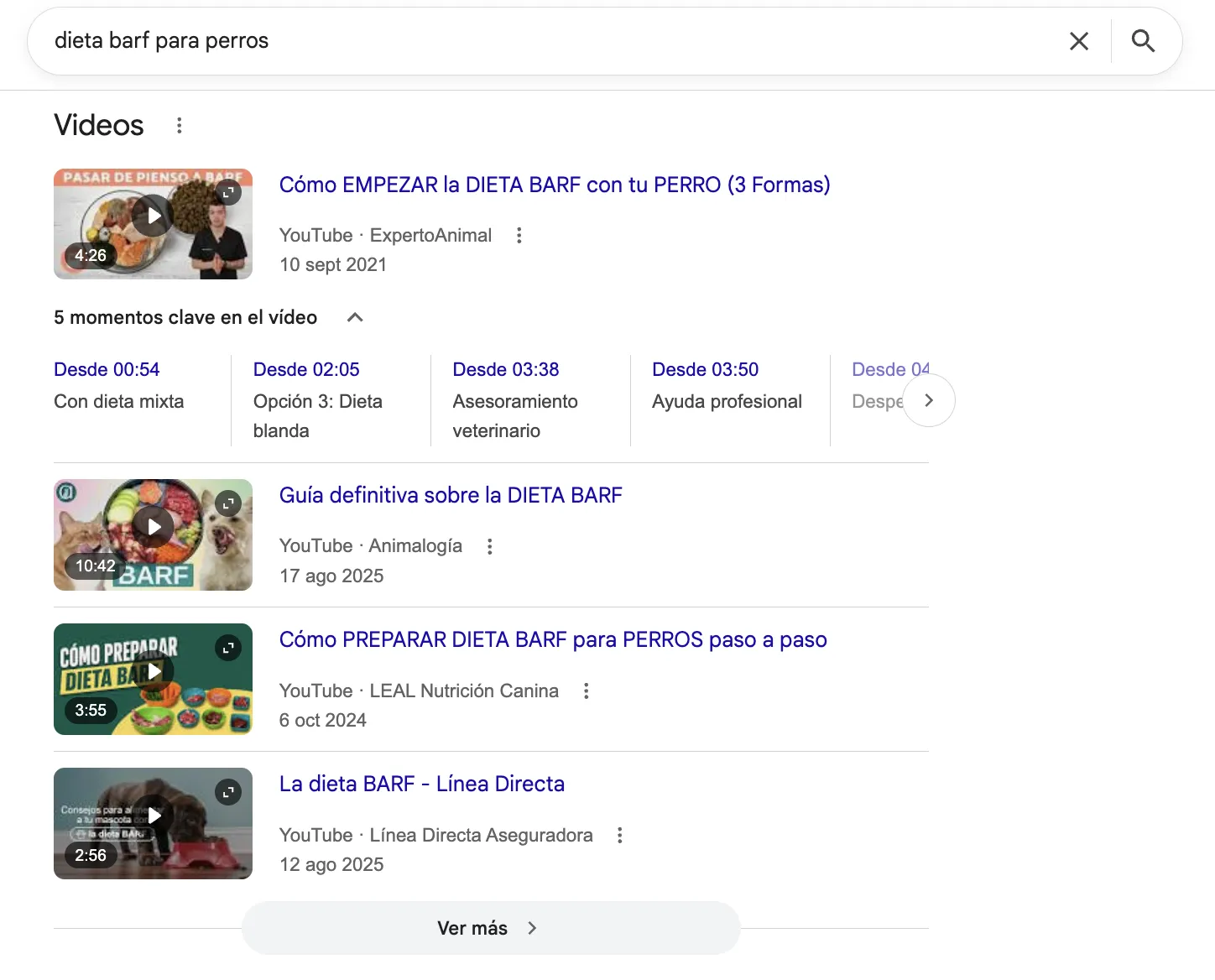 Carrusel de vídeos de YouTube en una búsqueda de Google para "dieta barf para perros", con los momentos clave marcados dentro de cada resultado