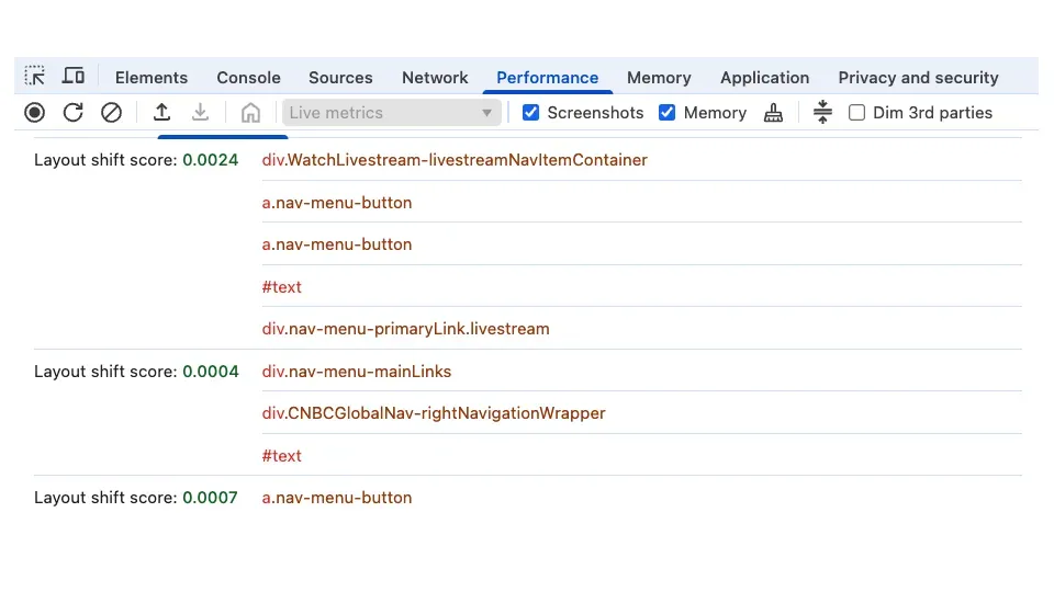 Listado de layout shifts en el panel de Performance de Google Chrome