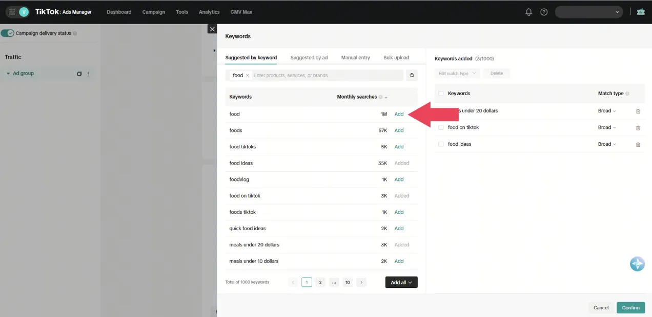 Herramienta de keyword research de TikTok Ads Manager mostrando el volumen de búsquedas mensuales de cada palabra clave