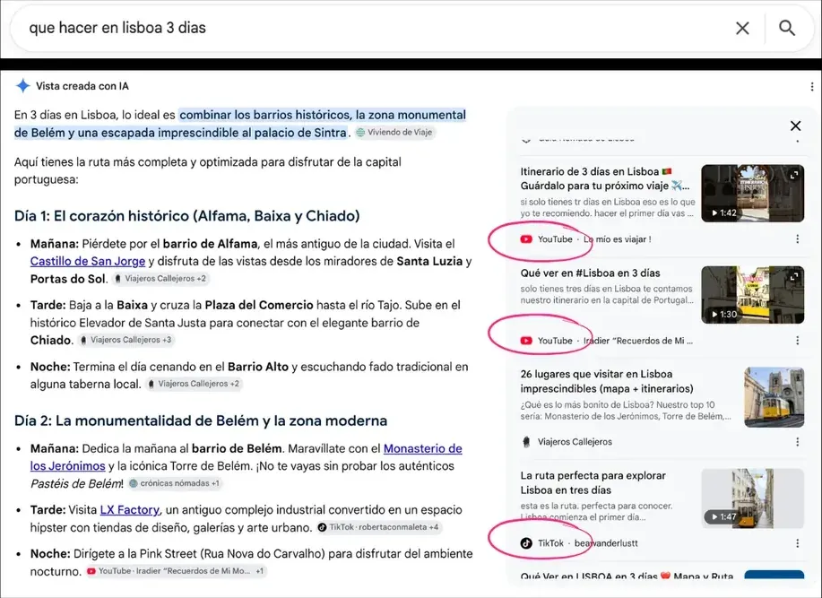 AI Overview de Google generando un itinerario de tres días en Lisboa a partir de una búsqueda de viajes